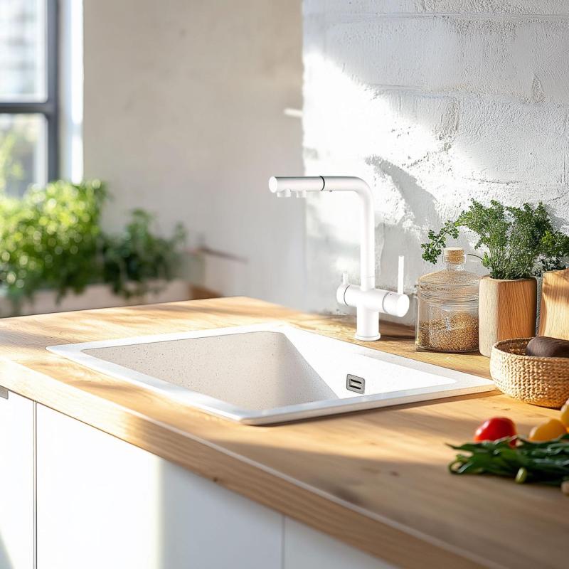 Ausmann Ellington 3-drogowa bateria kuchenna z wyciąganą wylewką i filtrowaną wodą – Biały - 1208970496