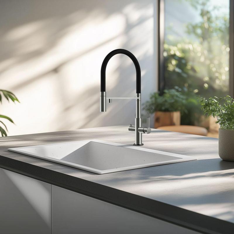 Ausmann Claridge 3-drogowa bateria kuchenna z elastyczną wylewką i filtrowaną wodą – Szary - 1208970502