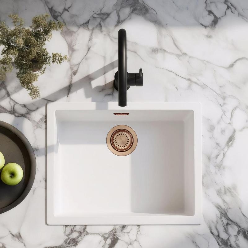 Biały Zlew 50x40 cm Podbudowa, Nadbudowa i Montaż Równoległy z Miedzianym Korkiem 1208970533