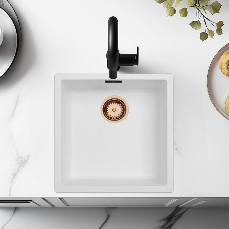 Biały Zlew 40x40 cm Podbudowa, Nadbudowa i Montaż Płaski z Miedzianym Korkiem 1208970538