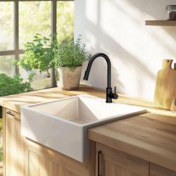 Ausmann Ceramic Panor Shade Ceramiczny Biały Zlew Butler - Podwieszany i Półmontowany 630 x 597 mm z półką na baterię i stalowym korkiem 1208970560