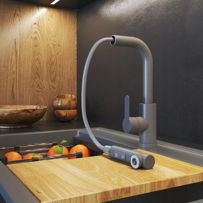 Graniteland Celeste Baterie Kuchenna Szara z Wyciąganą Wylewką i Ręcznym Prysznicem z Podwójną Funkcją 1208970663