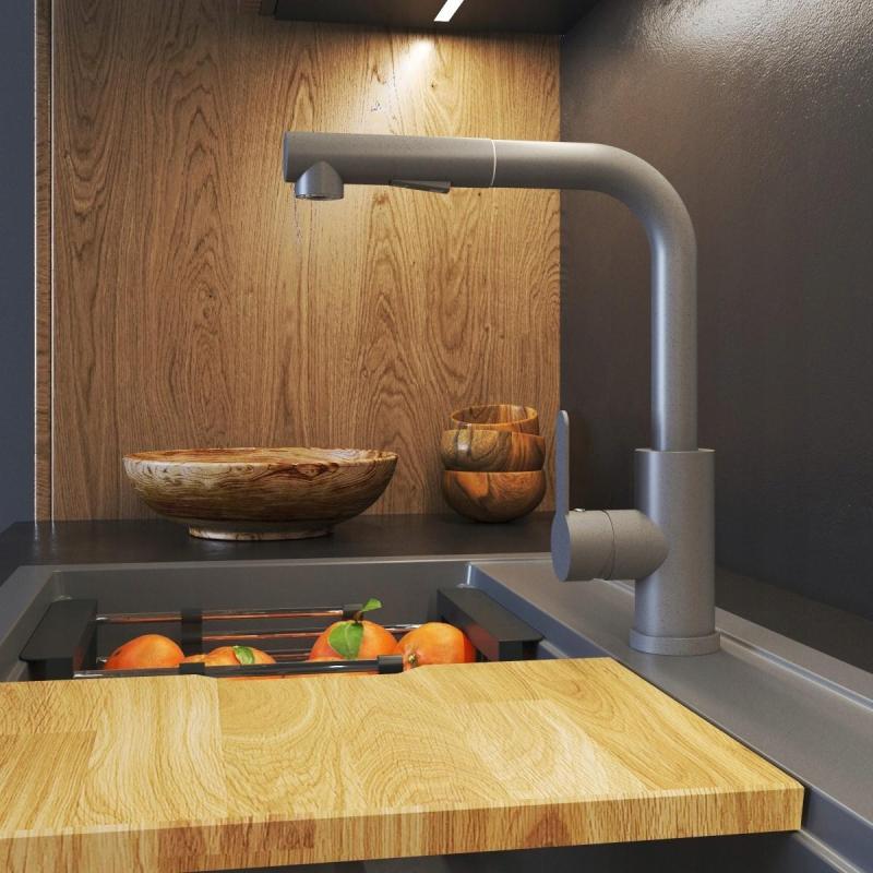 Graniteland Celeste Baterie Kuchenna Szara z Wyciąganą Wylewką i Ręcznym Prysznicem z Podwójną Funkcją 1208970663