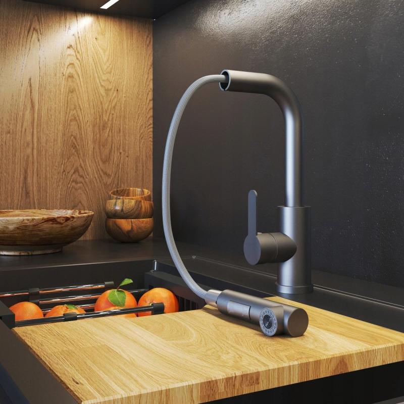 Graniteland Celeste Batería kuchenna Gun Metal z wyciąganą wylewką i podwójną funkcją słuchawki prysznicowej 1208970666