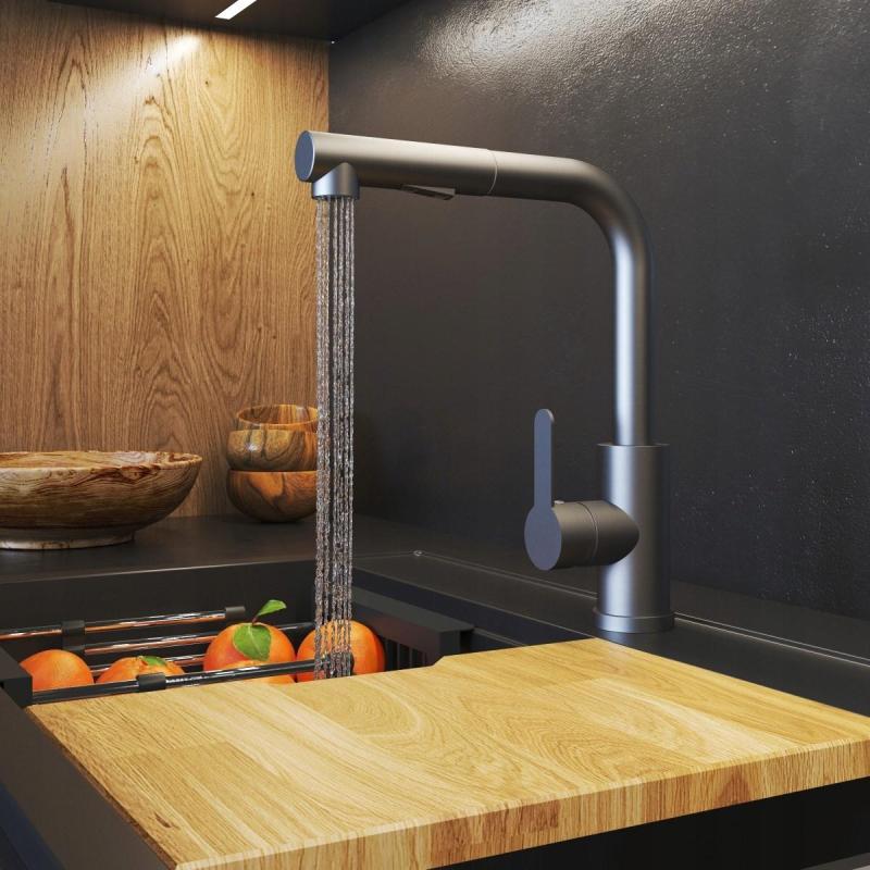 Graniteland Celeste Batería kuchenna Gun Metal z wyciąganą wylewką i podwójną funkcją słuchawki prysznicowej 1208970666