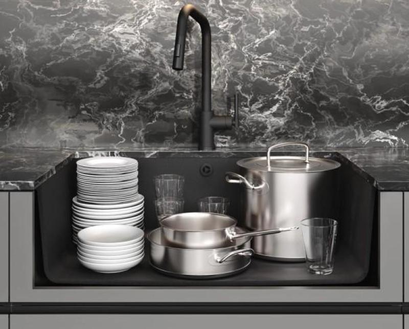 AquaGranite Modulo R19 duży czarny granitowy zlew 76x43 cm do montażu podblatowego i nablatowego z korkiem ze stali nierdzewnej 1208970688.