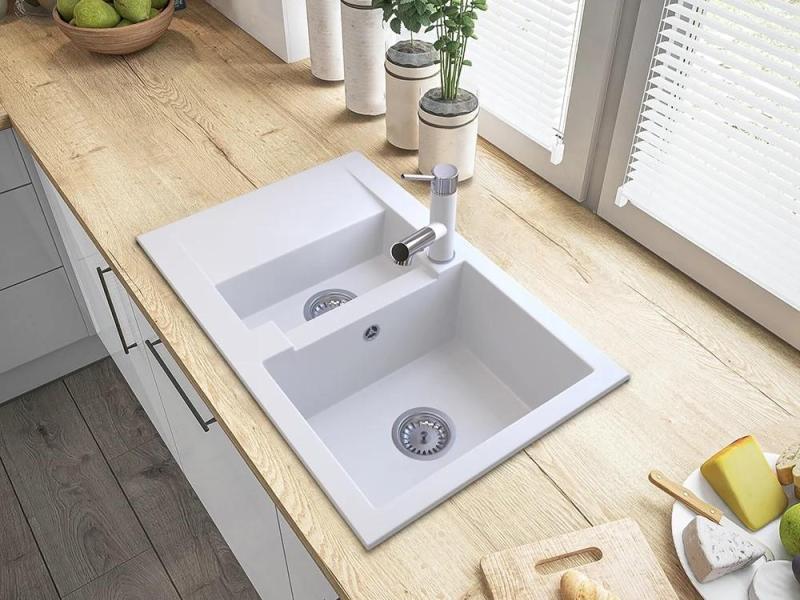 Graniteland Ceres Bateria kuchenna biała z wyciąganą wylewką i dwufunkcyjną rączką prysznicową 1208970709