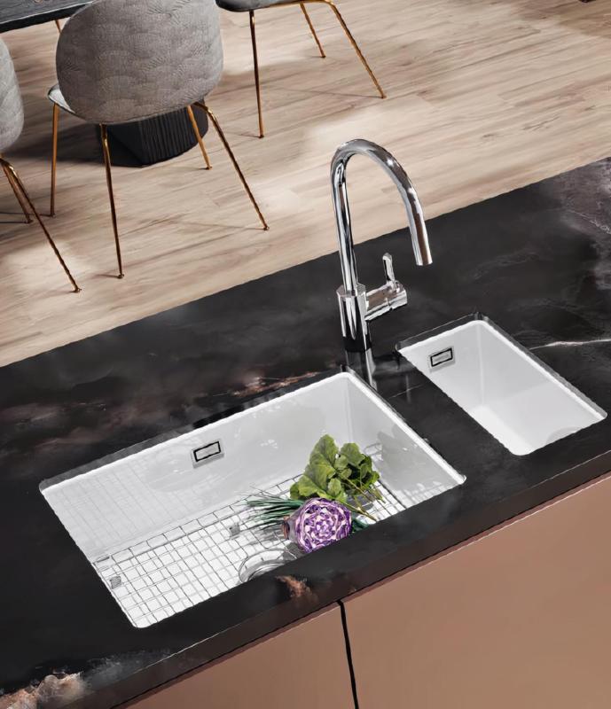 Ausmann Ceramic Ember Ceramiczna biała pół-umywalka nablatowa i podblatowa 174 x 400 mm z korkiem ze stali nierdzewnej 1208970734.