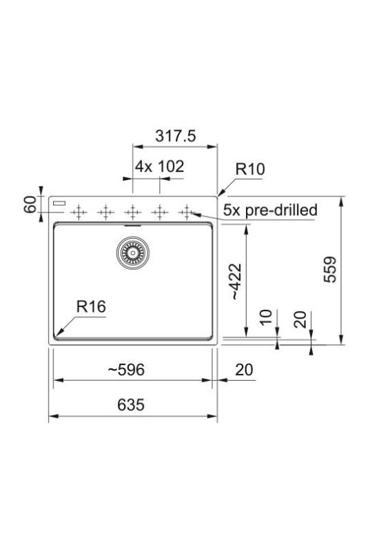 Franke Maris MRG 610-60 Care Fragranite Stone szary płytki zlew dla osób niepełnosprawnych 635 x 559 mm Montaż z otworem na kran 114.0729.486