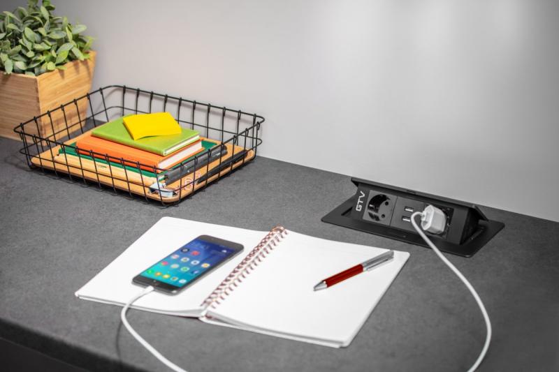 Przedłużacz biurkowy SOFT 2x gniazdo schuko, USB 2.1A, kabel zasilający z wtyczką, czarny