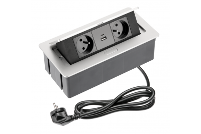 MIĘKKA listwa meblowa 2x gniazdo z uziemieniem, USB A+C, kabel zasilający ze wtyczką, aluminium.