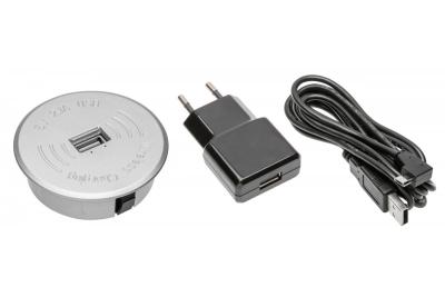 Bezprzewodowy zestaw ładujący z USB w kolorze srebrnym z zasilaczem (odłączany kabel USB o długości 2 m)