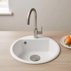 GraniteMy Bremen okrągły granitowy zlew 43 cm biały montowany od góry i od dołu z otworem na kran z metalową zatyczką w kolorze starego metalu 1208971220