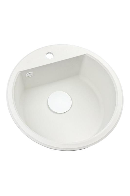 GraniteMy Bremen okrągły zlew granitowy 43 cm biały, montowany od góry i od dołu, z otworem na kran z białą zatyczką 1208971221