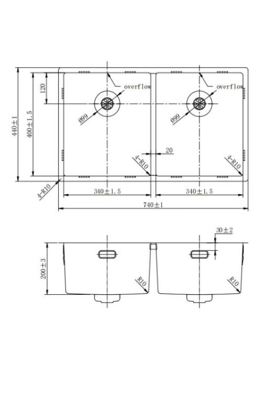 Pure.Sink Prestige Podwójny zlewozmywak ze stali nierdzewnej 70x40 cm, promień 10 mm, montaż podblatowy, równoległy i górny PPG343440-02