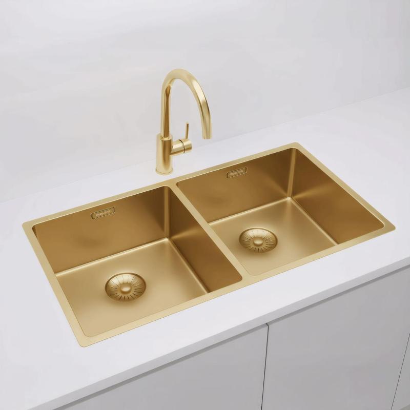 Pure.Sink Prestige Podwójny Złoty zlew 82x40 cm promień 10mm, montaż podblatowy, równoległy i nawierzchniowy PPG404040-60