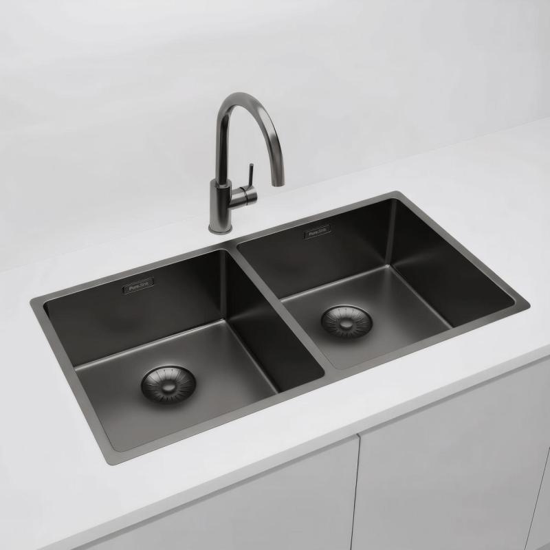 Pure.Sink Prestige Podwójny zlew z metalu Gun o wymiarach 82x40 cm, promień 10 mm, montaż podblatowy, płaski i nadblatowy PPG404040-61
