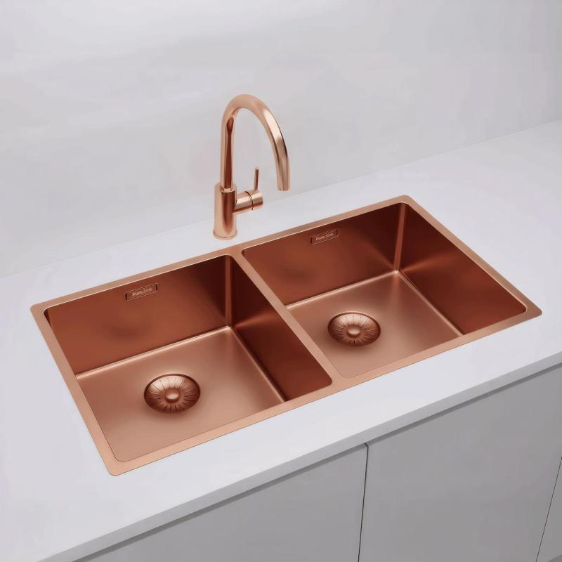 Pure.Sink Prestige Podwójny Miedziany Zlew 82x40 cm, promień 10mm, montaż podblatowy, płaski i nadblatowy PPG404040-62