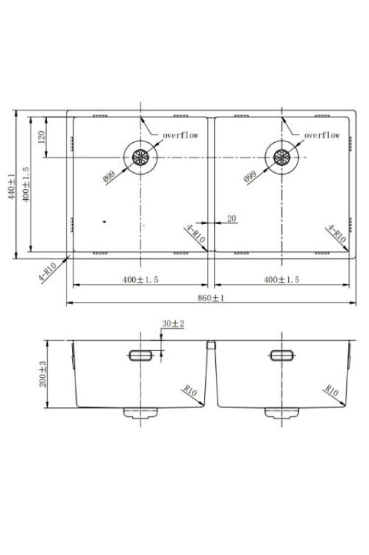 Pure.Sink Prestige Podwójny Miedziany Zlew 82x40 cm, promień 10mm, montaż podblatowy, płaski i nadblatowy PPG404040-62