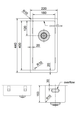 Pure.Sink Exclusivo mała miedziana zlewka 18x40 cm promień 10mm, montaż podszafkowy, równoległy i montaż na wierzchu PEX1840-62