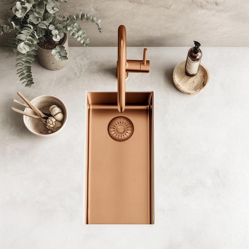 Pure.Sink Exclusivo mała miedziana zlewka 18x40 cm promień 10mm, montaż podszafkowy, równoległy i montaż na wierzchu PEX1840-62