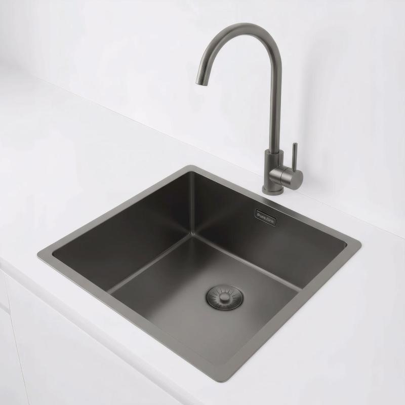 Pure.Sink Exclusivo Gun metal zlew 40x40 cm promień 10mm montaż podblatowy, montaż równy i montaż na wierzchu PEX4040-61