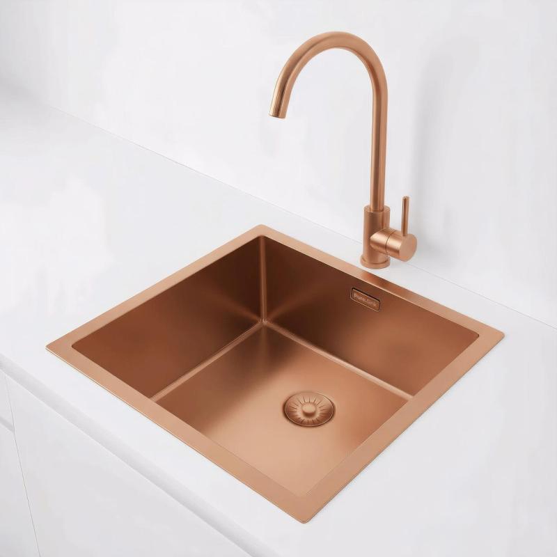 Pure.Sink Exclusivo Miedziany zlew 40x40 cm promień 10mm, montaż podblatowy, równoległy i nadblatowy PEX4040-62