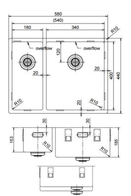 Pure.Sink Exclusivo RVS 1,5 półtora zlewozmywaka 18+34 cm 10mm promień PEX183440-02
