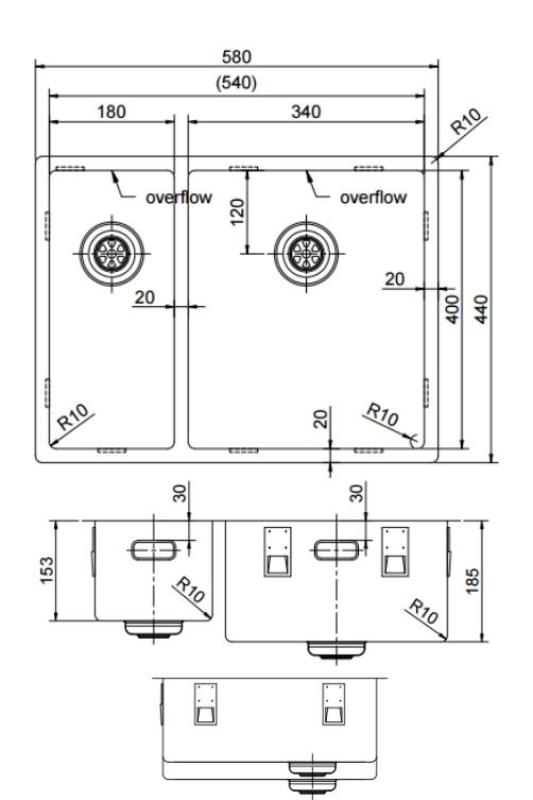 Pure.Sink Exclusivo Miedziany 1,5 półtorakomorowy zlew 18+34cm promień 10mm PEX183440-62