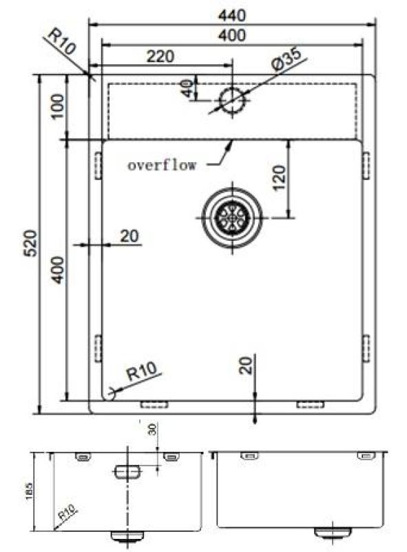 Pure.Sink Exclusivo Gun Metal zlew 44x52 cm Tapwing z otworem na baterię o promieniu 10mm PEX4040T-61