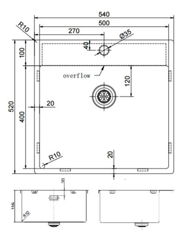 Pure.Sink Exclusivo RVS zlew 54x52cm Tapwing z otworem na kran 10mm promień PEX5040T-02