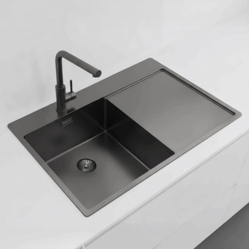 Pure.Sink Exclusivo Gun Metal zlew z częścią ociekającą 78x52 cm Tapwing po lewej stronie PEX4078LT-61