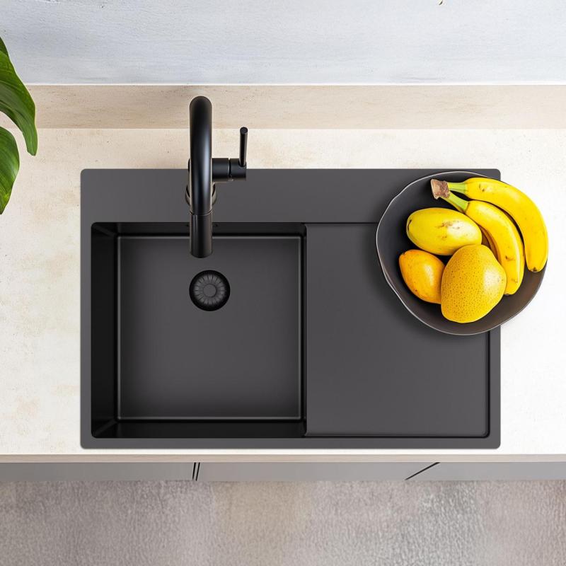 Pure.Sink Exclusivo Gun Metal zlew z miejscem do osuszania 78x52 cm Tapwing po prawej stronie PEX4078RT-61