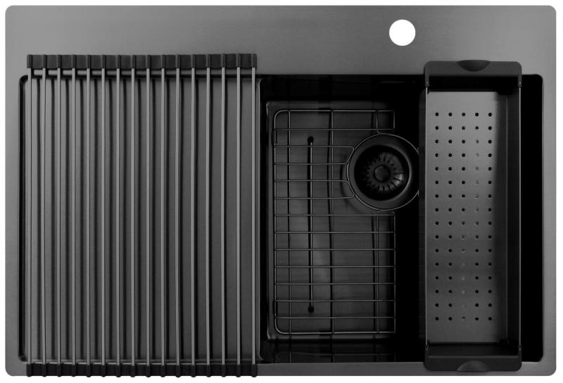 Pure.Sink Exclusivo Gun Metal zlew z miejscem do osuszania 78x52 cm Tapwing po prawej stronie PEX4078RT-61