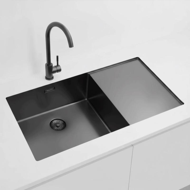 Pure.Sink Exclusivo Gun Metal zlew z obszarem ociekającym 86x52 cm Tapwing po lewej stronie PEX5086LT-61