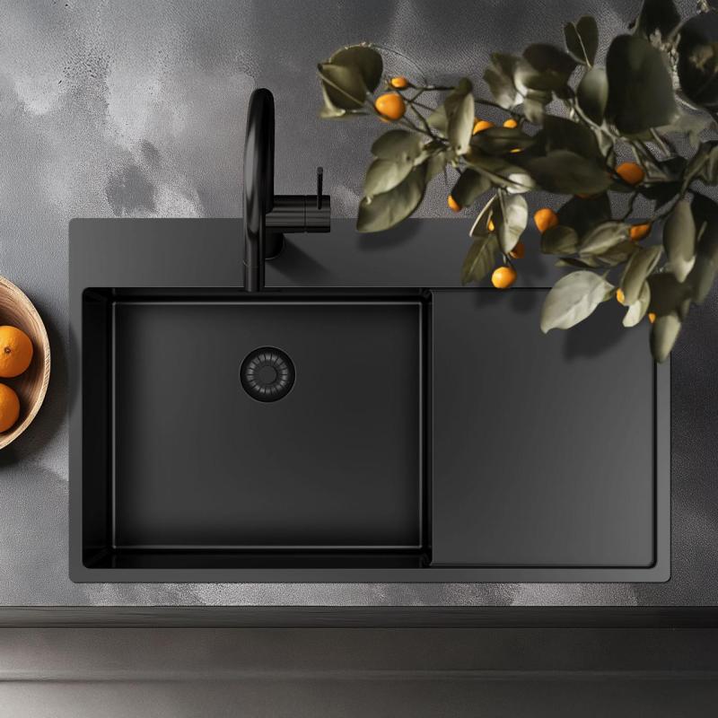 Pure.Sink Exclusivo Gun Metal zlew z obszarem ociekającym 86x52 cm Tapwing po lewej stronie PEX5086LT-61