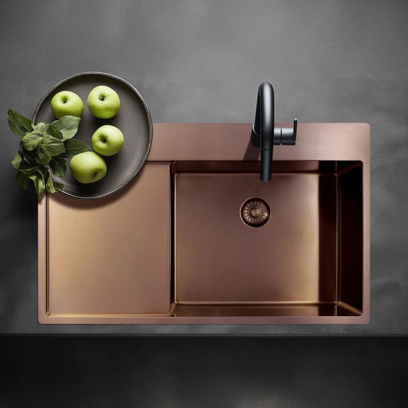 Pure.Sink Exclusivo Miedziany zlew z częścią ociekową 86x52 cm Tapwing po lewej stronie PEX5086LT-62