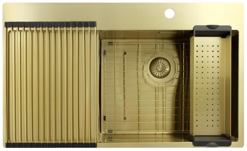 Pure.Sink Exclusivo Złoty zlew z miejscem do ociekania 86x52 cm Tapwing po prawej stronie PEX5086RT-60