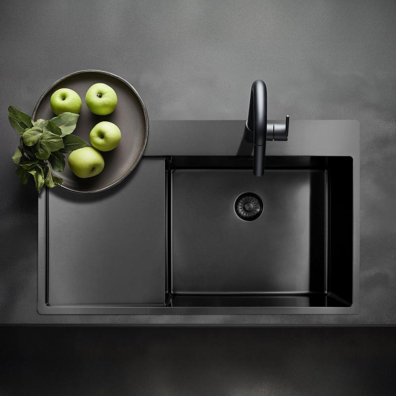 Pure.Sink Exclusivo Gun Metal zlew z obszarem ociekającym 86x52 cm Tapwing po prawej stronie PEX5086RT-61