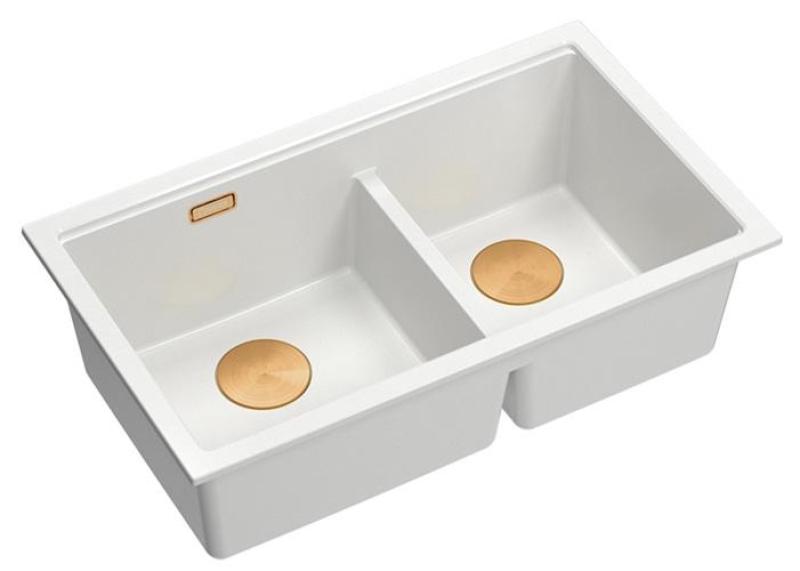 Quadri Newport II Podwójny Biały Granitowy Zlew Podblatowy 702 x 390 mm z Miedzianą Zatyczką 1208971373