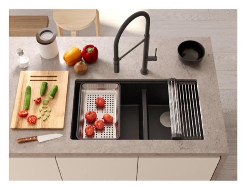 Quadri Newport II Podwójny Biały Granitowy Zlew Podblatowy 702 x 390 mm z Miedzianą Zatyczką 1208971373