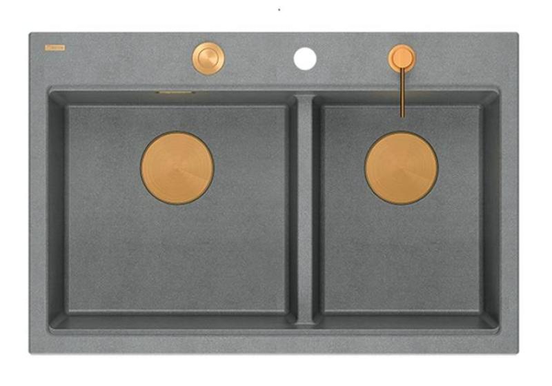 Quadri Hard Rock Podwójny Szary Granitowy Zlew Nablatowy 76x50 cm z Miedzianą Zatyczką i Akcesoriami 1208971389