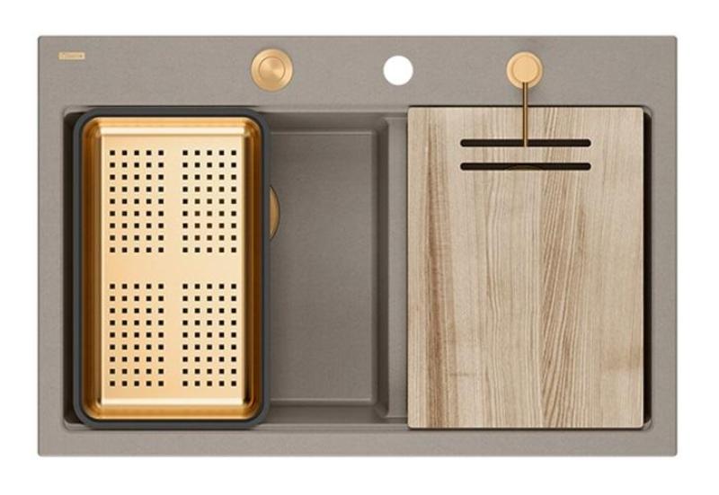 Quadri Hard Rock Podwójny Taupe Granitowy Zlew Nakładany 76x50 cm z Miedzianą Wtyczką i Akcesoriami 1208971391