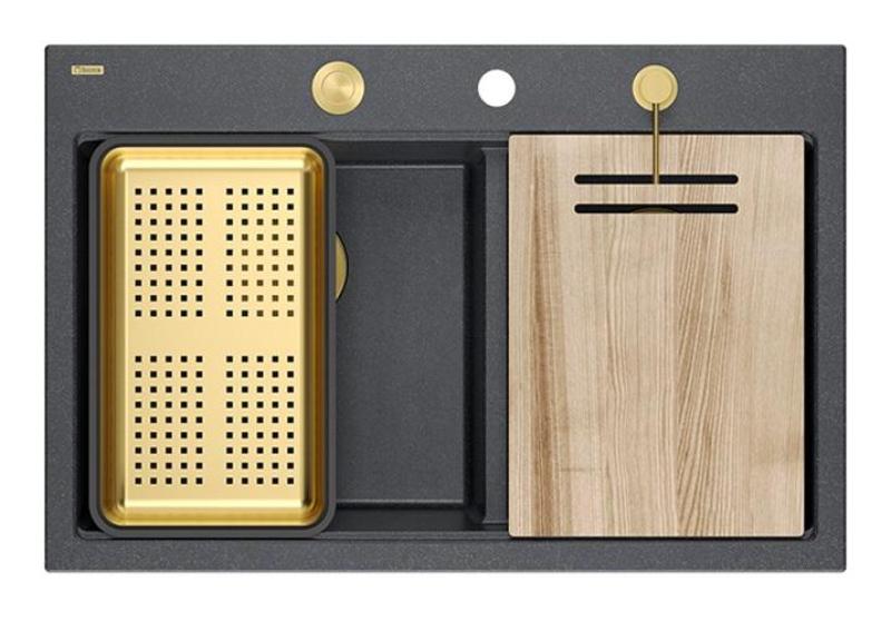 Quadri Hard Rock Podwójny Granit Antracytowy Zlew Nakładany 76x50 cm z Złotą Wtyczką i Akcesoriami 1208971393