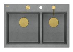 Quadri Hard Rock Podwójny Szary Granitowy Zlew Nablatowy 76x50 cm z Złotym Korkiem i Akcesoriami 1208971394