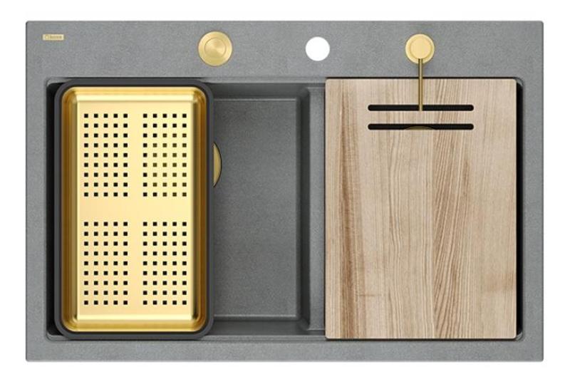 Quadri Hard Rock Podwójny Szary Granitowy Zlew Nablatowy 76x50 cm z Złotym Korkiem i Akcesoriami 1208971394