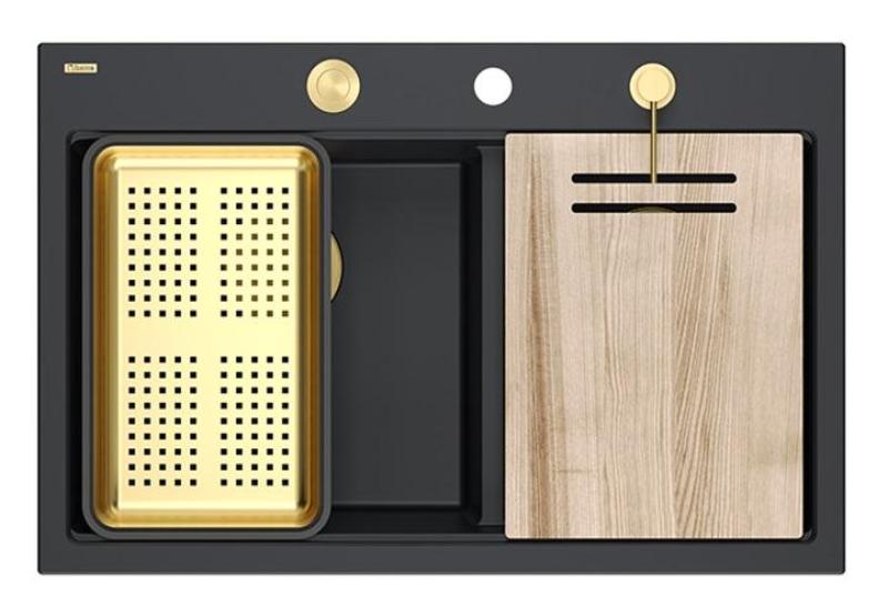 Quadri Hard Rock Podwójny Czarny Granitowy Zlew Nawierzchniowy 76x50 cm z Złotym Korkiem i Akcesoriami 1208971395