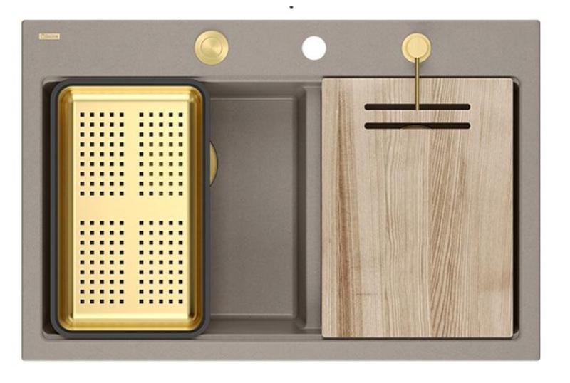 Quadri Hard Rock Podwójny Taupe Granitowy Zlew Nawierzchniowy 76x50 cm z Złotym Korkiem i Akcesoriami 1208971396