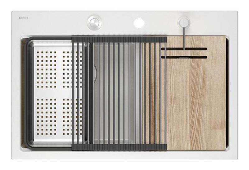 Quadri Hard Rock Podwójny Biały Granitowy Zlew Nawierzchniowy 76x50 cm z korkiem ze stali nierdzewnej i akcesoriami 1208971398