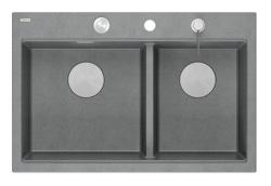 Quadri Hard Rock Podwójny Szary Granitowy Zlew Nablatowy 76x50 cm z korkiem ze stali nierdzewnej i akcesoriami 1208971400